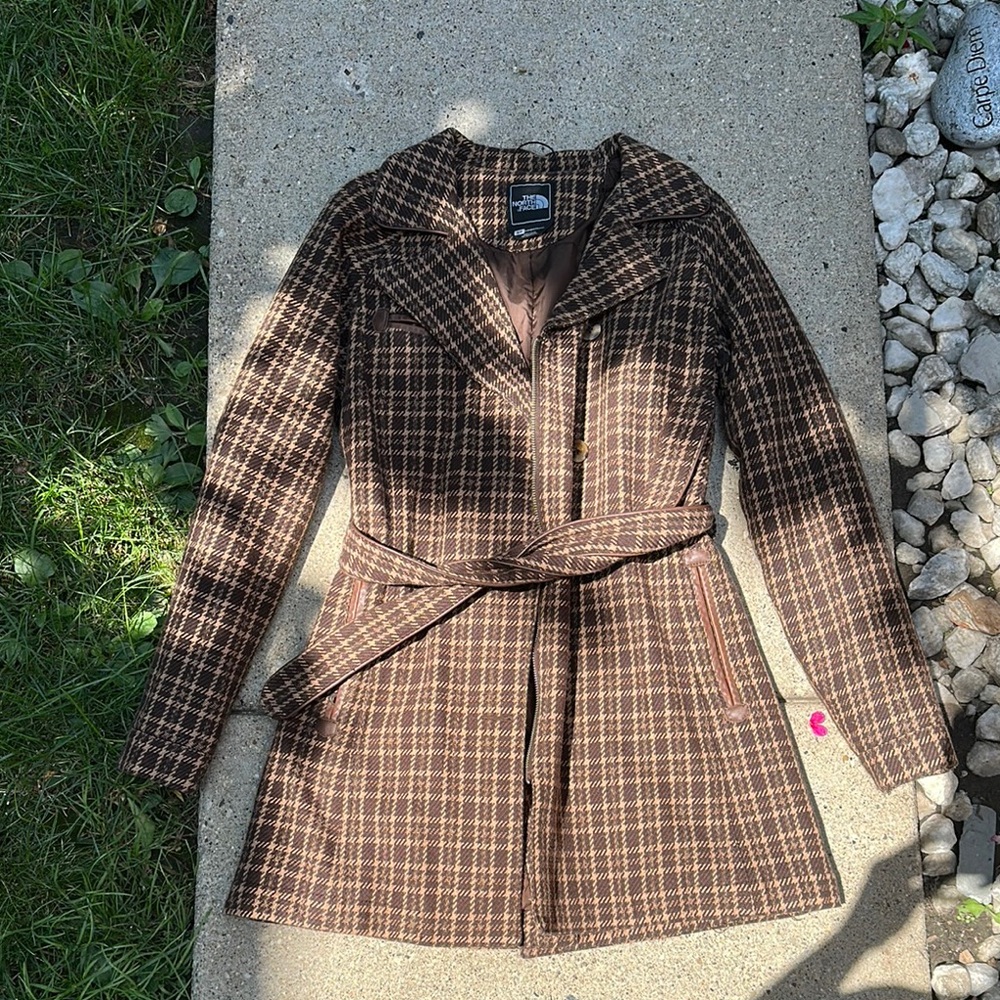 The North Face Trench Coat Tweed Plaid Jacket  Wool Cotton Size S